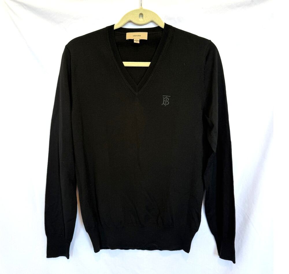 Men's Burberry Uniform Black Merino Wool V-Neck Logo Sweater, XS, Luxury Preppy